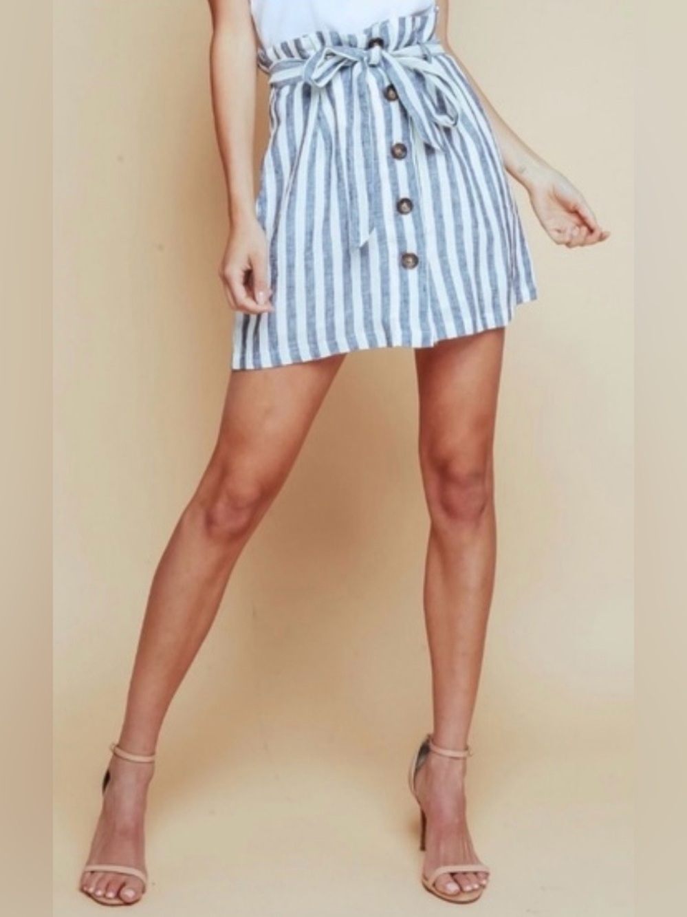 SHEIN Blue and White Vertical Stripe Button-Front Tie-Waist Mini Skirt